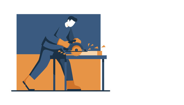 Dedicated craftsman operates a power circular saw to cut a wooden plank while wearing safety gear in a professional workshop production area.