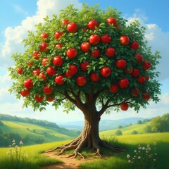 Fototapeta premium Ripe red apples hang on a green tree in a sunny orchard. Rolling hills form a pastoral landscape under a blue sky. Nature scene provides abundant fruit.