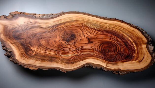 polished live edge wooden slab with swirling burl grain on textured gray background warm natural rustic elegance