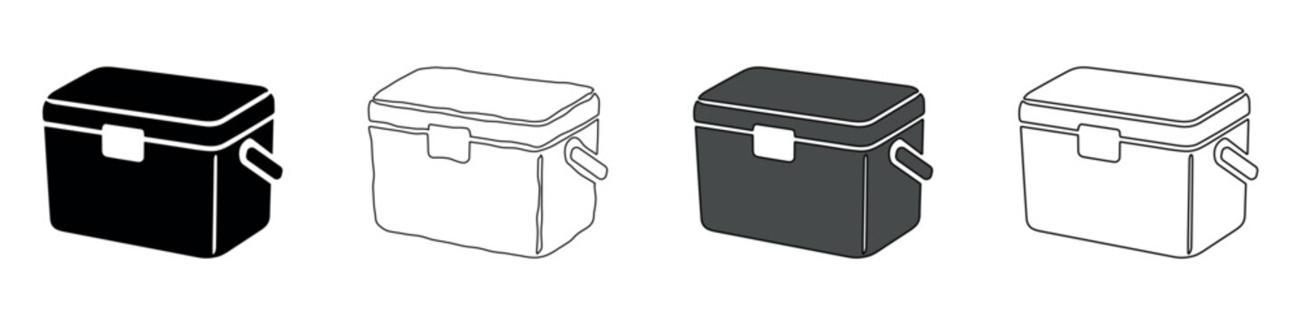 Set of four cooler box icons in different styles and colors