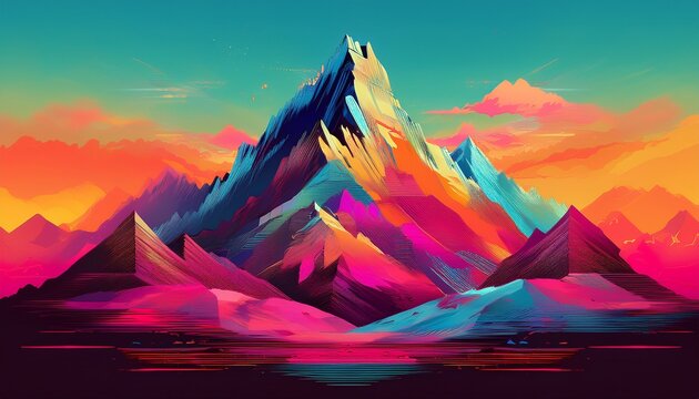abstract glitched mountain landscape with vibrant colors and textures