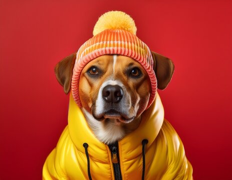 a dog dressed in a bright jacket and hat looks forward with a curious expression against a red background