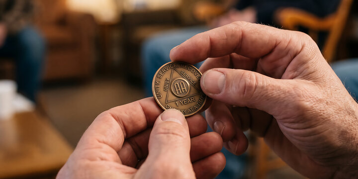 Holding 1 year sobriety coin for alcoholics anonymous recovery program unity service recovery.