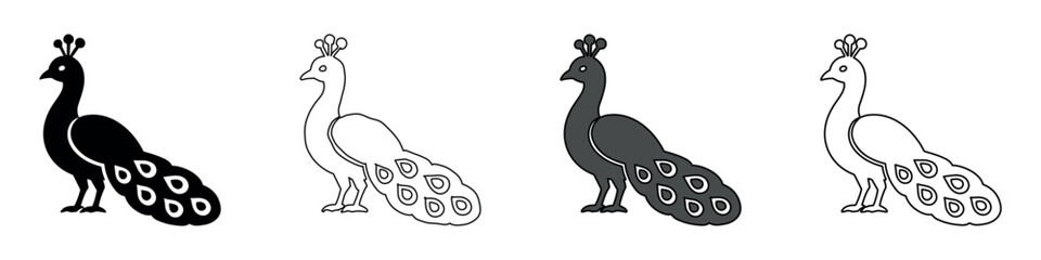 Fototapeta premium Set of four stylized peacock icons in black, white, and gray outlines