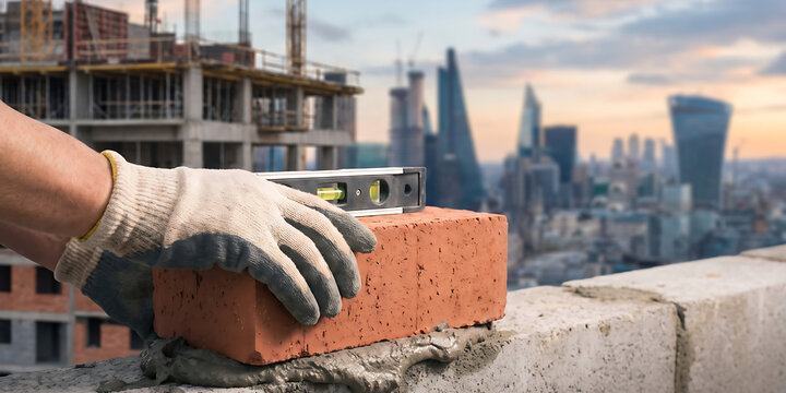 Construction worker laying brick with bubble level tool at building site outdoor backdrop featuring urban skyline under bright sunset sky.