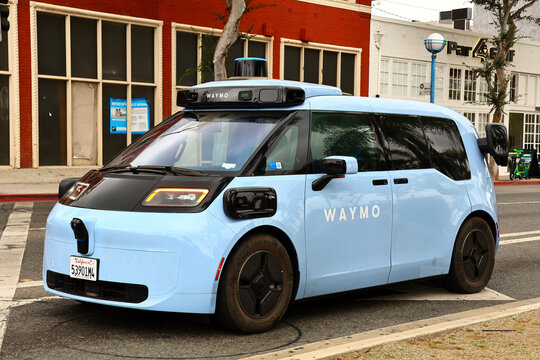 Los Angeles, California &ndash; July 1, 2026: Waymo Zeekr RT autonomous robotaxi operating on a city street