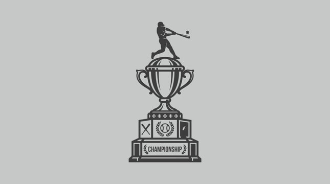 A baseball player swings on top of a large trophy with championship text and emblems on its base.