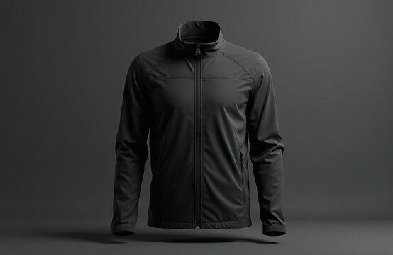 Black soft shell jacket mockup with zipper and long sleeves. Minimalist garment isolated on grey background. Outerwear for men outdoor activities.