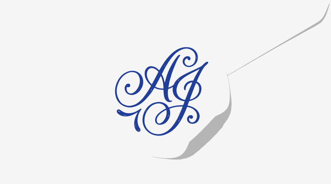 Elegant AJ monogram logo with blue cursive calligraphy, vintage wedding initials on white paper background, luxury stationery vector design