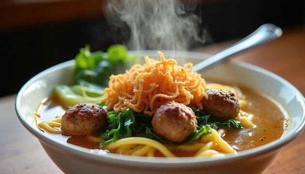 Hot savory bakso noodle soup with beef balls, green bok choy, and crunchy fried onions in white bowl. Steaming Asian dish, perfect for lunch or dinner meal.