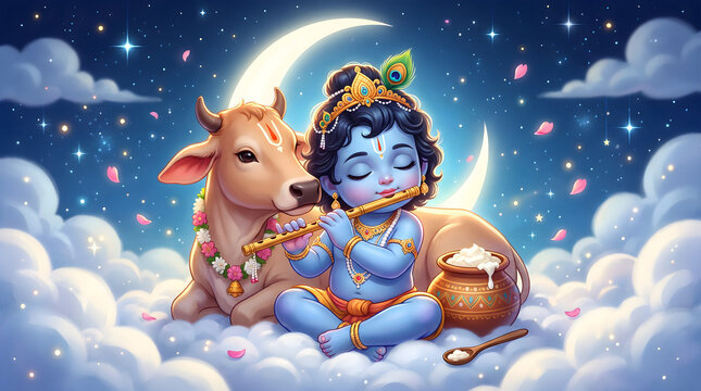 Bal Krishna playing flute with sacred cow sitting on soft clouds under crescent moon in starry night sky.