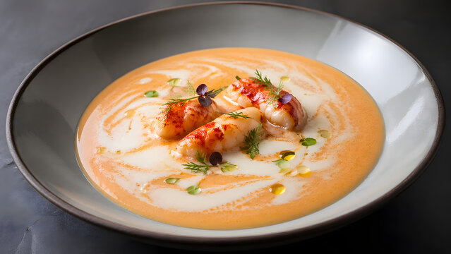A sophisticated lobster bisque setup presents layered cream infusion with soft highlights and contemporary fine dining styling approach