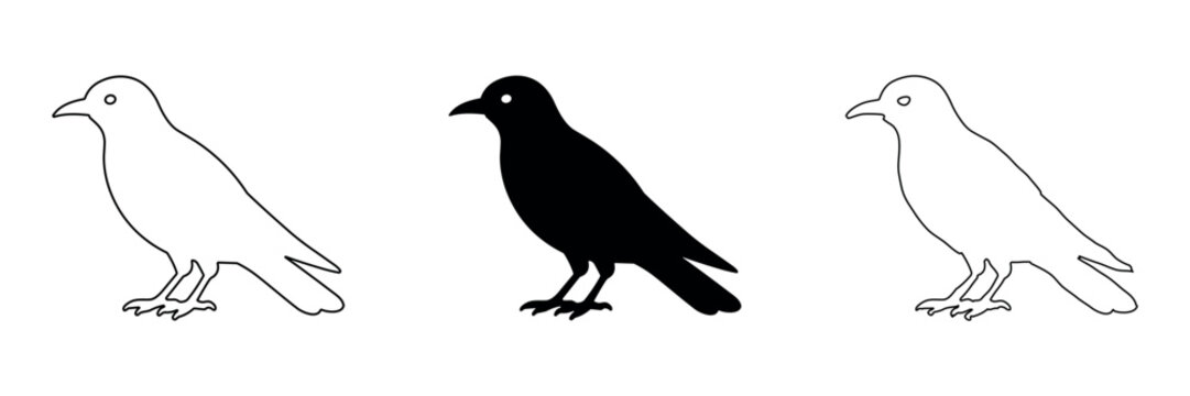 Three stylized crows shown as outlines and a solid silhouette on a white background