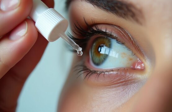 Macro view of young woman applying eye drops for medical treatment. Eye condition like dry eye syndrome or infection, relief from pain. Macro shot focusing on eyeball and pupil.