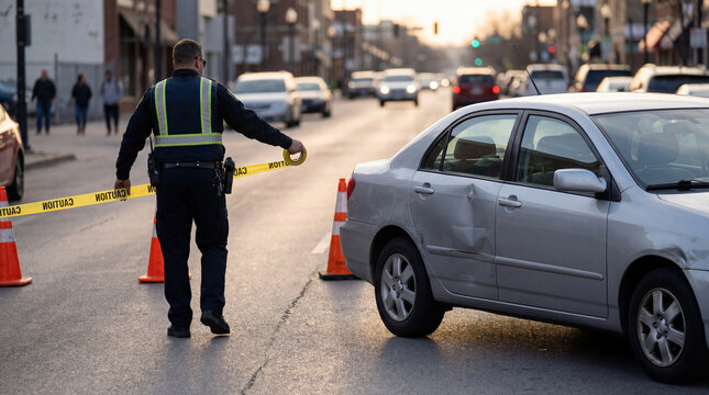 Police officer closing a city street after a traffic accident, securing the accident scene with caution tape and traffic cones beside a damaged car