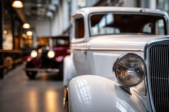 Vintage white classic car showcased indoors with detailed front headlight and grill highlighting automotive history and timeless design elements
