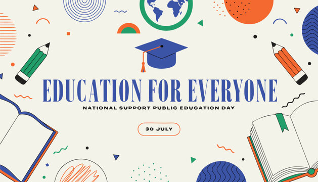 Colorful academic poster design featuring graduation cap and school supplies icons