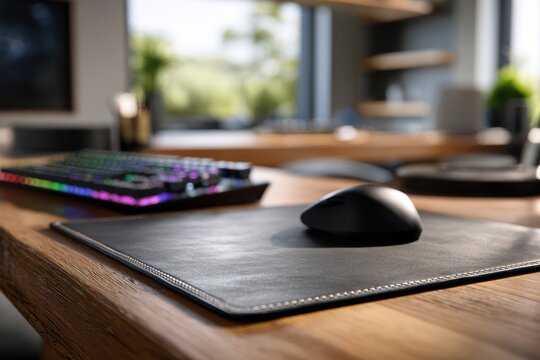 Black wireless computer mouse and leather mouse pad on wooden desk with colorful illuminated keyboard and modern office background in sunlight