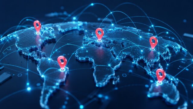 Global communication network on world map with glowing connections and red location pins. International logistics and mapping concept