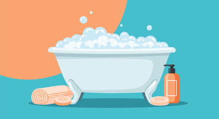 Naklejka premium Relaxing bathroom scene with a white clawfoot bathtub filled with soap bubbles next to a towel and skin care products.
