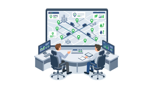 Two professionals monitoring fleet logistics and delivery routes on a large screen