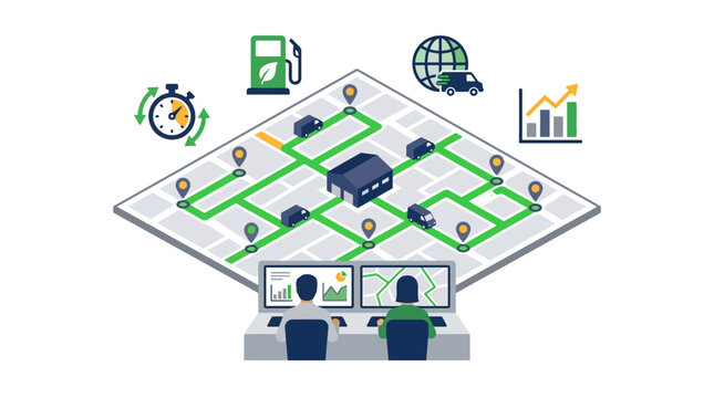 Smart logistics management and delivery fleet tracking system illustration