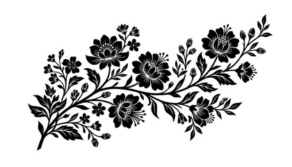 Fototapeta premium Black Floral Branch Silhouette with Leaves and Blossoms Vector Illustration