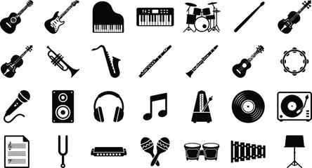 Set of musical instruments icons with instrument saxophone microphone © Vector Mahi
