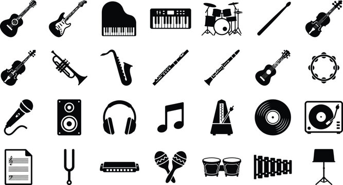 Set of musical instruments icons with instrument saxophone microphone