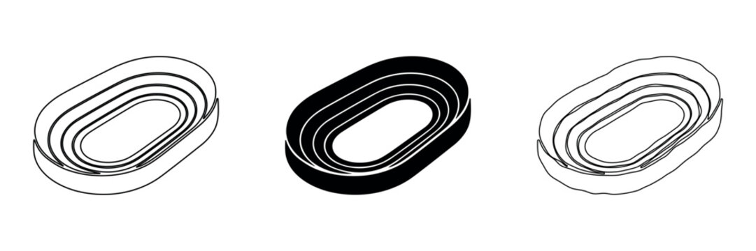 Three abstract oval shapes with concentric rings, representing stadium or track designs