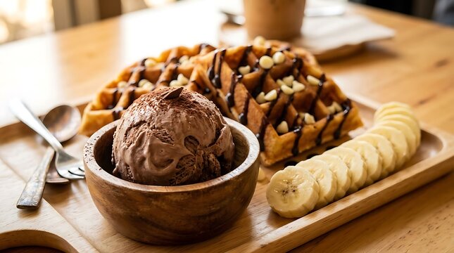 Delicious chocolate ice cream served with freshly baked waffles and sliced bananas on wooden tray