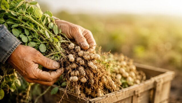 A farmer's hands holding freshly harvested peanuts with roots and green foliage, showing the bounty of the harvest and sustainable farming practices