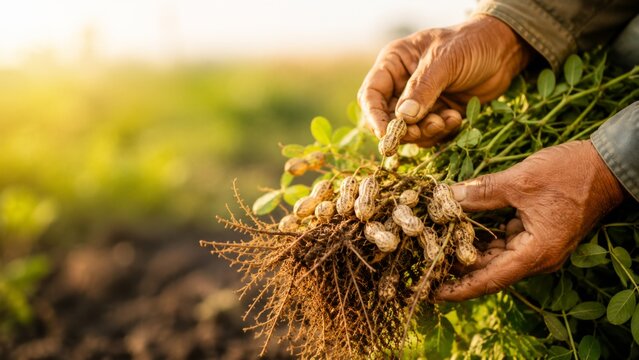 A farmer's hands holding freshly harvested peanuts with roots and green foliage, showing the bounty of the harvest and sustainable farming practices