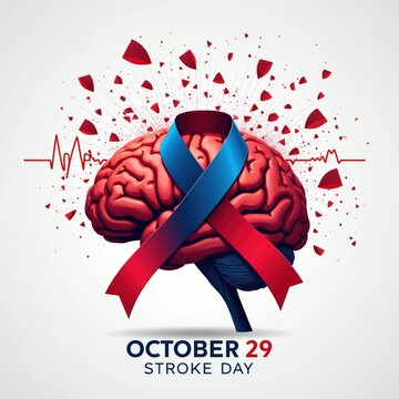 Brain illustration with red blue ribbon symbolising stroke awareness day October 29. Medical symbol of health care prevention and mind health support.