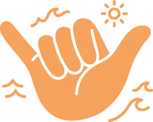 Orange shaka hand sign vector, Hawaiian hang loose gesture with sun and ocean waves, tropical surf culture icon for summer beach apparel © Zaingill