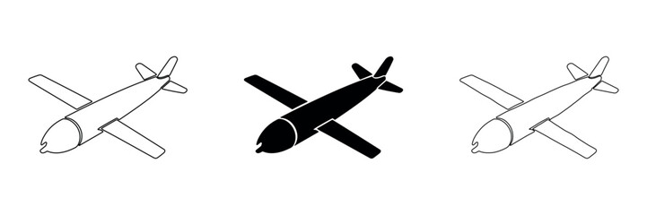 Set of three airplane icons in outline and solid fill styles © Ophelia