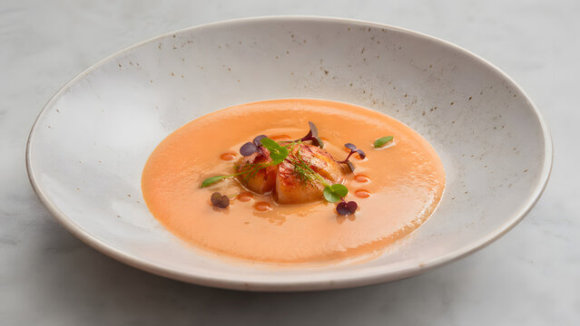 A stylized lobster bisque presentation explores subtle color tones and refined plating with elegant culinary aesthetics in studio setup