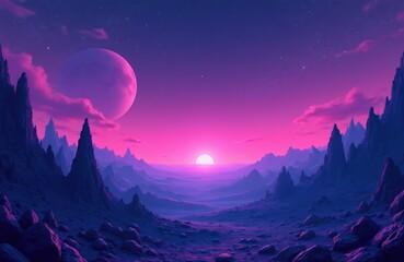 Fototapeta premium Alien planet landscape at sunset with large moon in purple sky. Jagged mountains, rocky terrain under pink and violet atmosphere. Futuristic space background with distant sun.