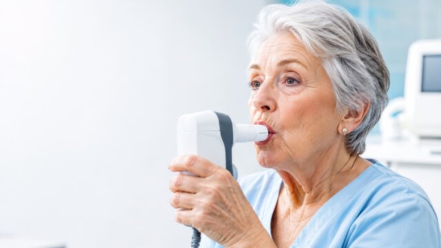 An elderly woman with a short grey haircut undergoes spirometry using a medical device to assess lung function at a medical facility.