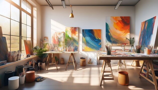 art studio a brightly lit art studio with abstract paintings and creative supplies