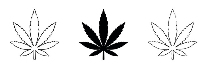 Obraz premium Set of three cannabis leaf icons in outline and solid black silhouette styles