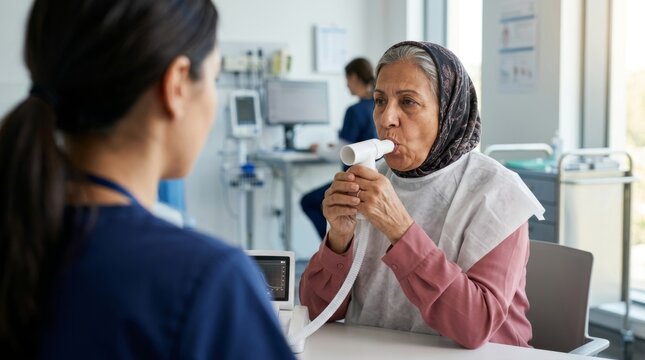 An elderly female patient wearing a headscarf (hijab) undergoes spirometry (a lung function test) with a medical specialist in a modern clinic.