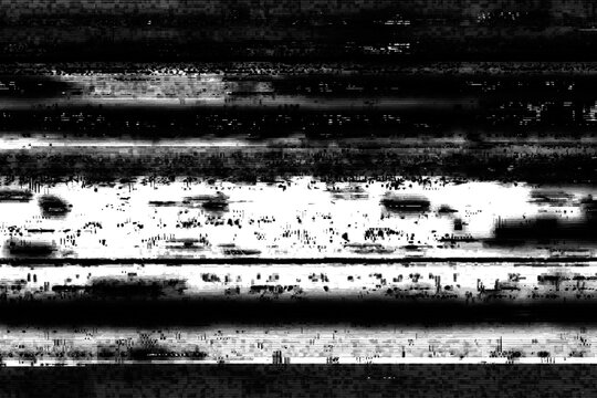 Horizontal distortion of broken video image on black background, VHS effect, glitch digital color pixel noise. Stock abstract pixel background glitch . Color digital noise, VHS corrupted signal