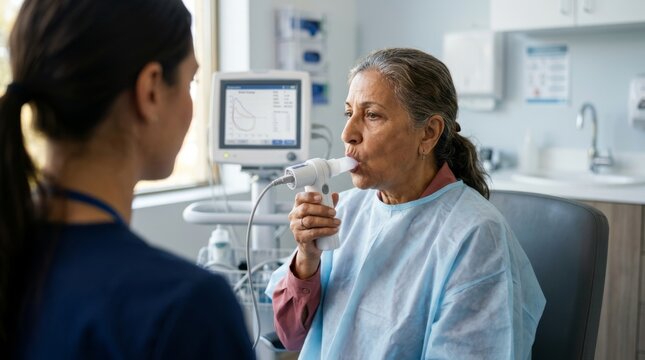 Senior Woman Using a Spirometer for Lung Function Test with Medical Professional Assistance