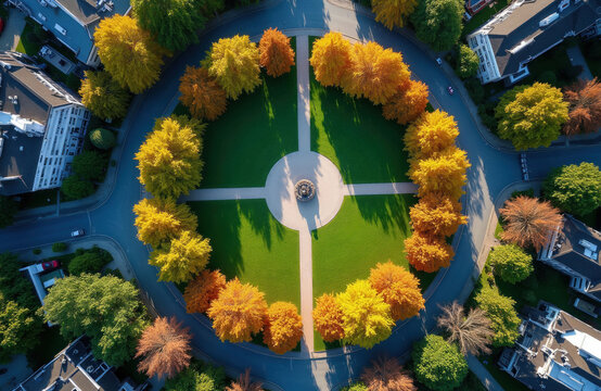 Aerial view of circular roundabout with autumnal trees, green lawn, and modern buildings. Road network and garden layout creates geometric patterns. Sunlight casts long shadows on lush grass.