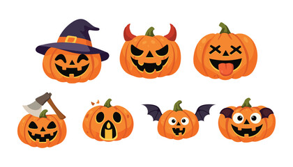 Fototapeta premium Halloween pumpkin set with various funny and scary expressions. Collection of carved jack-o-lanterns with accessories like witch hat, axe, and bat wings. Vector illustration isolated on white backgrou