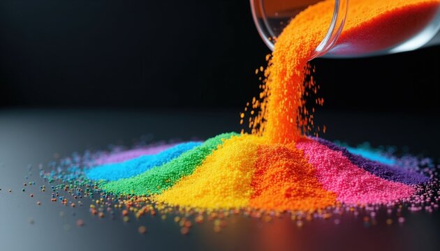 Brightly colored plastic granules pour from glass container creating rainbow pattern on black surface. Tiny polymer pellets form piles in spectrum of vibrant hues, symbolizing diversity and creation.