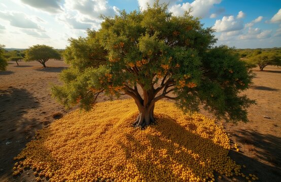 Ripe marula fruits blanket ground beneath savanna tree. Abundant harvest in dry African landscape. Yellow wild fruit bounty, natural bounty, sunlight, organic produce.