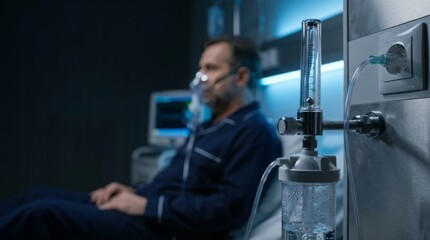 Fototapeta premium A male patient wearing an oxygen mask rests in a hospital bed at night. Medical equipment for therapy in a healthcare facility.