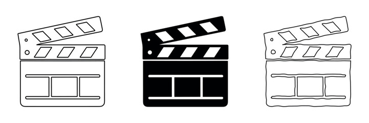 Fototapeta premium Collection of three clapperboard icons in different styles for filmmaking and video production